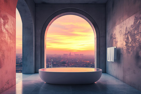 Enjoy the urban sunset from a modern bathroom with an arched window overlooking the cityscape. Ai Generatedの素材