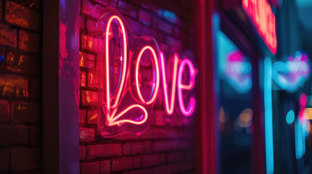 Neon light sign with the word "love", captured in detailed close-up, Ai Generatedの素材
