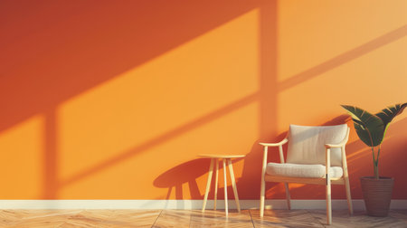 A chair and small table arranged before a lively orange wall, a stylish nook. Ai Generatedの素材