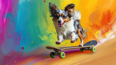 Colorful skateboarding canine adorned with a spectrum of hues, dynamic backdrop, Ai Generatedの素材