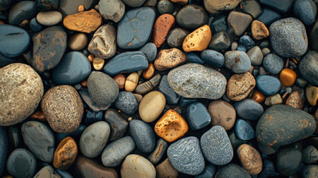 Top view of a beach background featuring a close-up of pebble stones along the shore, Ai Generatedの素材