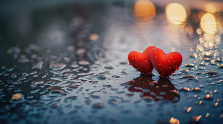Rain-kissed hearts resting on a puddle of water, a tender moment. Ai Generatedの素材