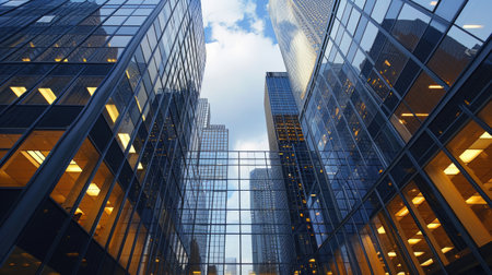 Impressive business office buildings with reflective skyscrapers, showcasing modern urban architecture, Ai Generatedの素材