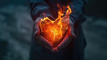 Person holding a heart-shaped object emitting flames, symbolizing intense passion, Ai Generatedの素材
