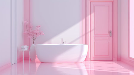 A bathroom background featuring a door, white and pink tones, and no bathtub, Ai Generatedの素材