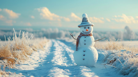 A friendly snowman stands proudly in the middle of a snow-covered field, a cheerful winter scene. Ai Generated.の素材