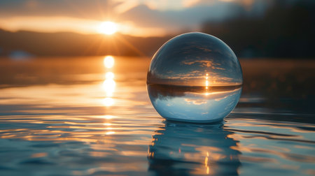 A glass ball rests gracefully upon the tranquil surface of a serene body of water. Ai Generated.の素材