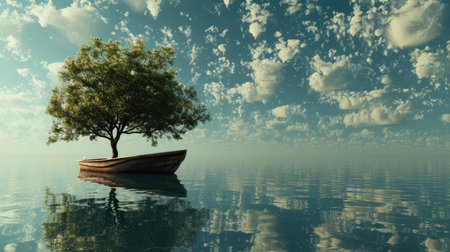 A boat adrift in the water, carrying a tree atop its deck, a surreal and nature-inspired scene. Ai Generated.の素材