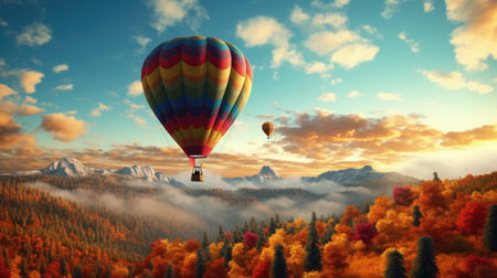 Capture the enchantment of a hot air balloon gracefully floating amidst the vibrant colors of autumn. Ai Generated.の素材