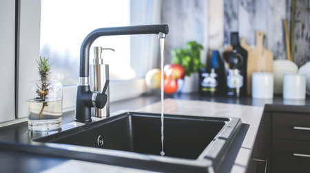 A sleek modern kitchen sink with a running faucet, a stylish and functional centerpiece. Ai Generatedの素材