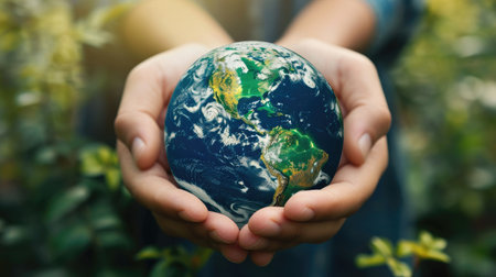 A green planet held gently in human hands, symbolizing the importance of Earth conservation, Ai Generatedの素材