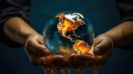 Human hands witnessing the Earth globe melting, highlighting climate change and ecological challenges, Ai Generatedの素材
