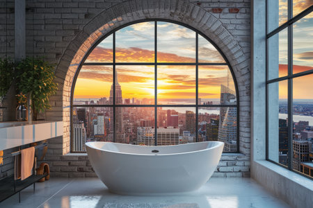 Enjoy the urban sunset from a modern bathroom with an arched window overlooking the cityscape. Ai Generatedの素材
