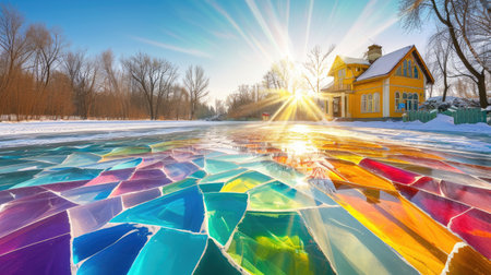 Experience the icy beauty of a scenic frozen lake, where nature's chill creates a serene masterpiece. Ai Generated.の素材