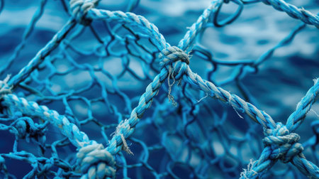 A close-up view of blue netting with delicate white details, revealing an intricate pattern and texture, Ai Generated.の素材