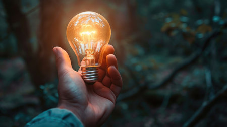 The emergence of a new idea depicted by a hand cradling a glowing bright light bulb, Ai Generatedの素材