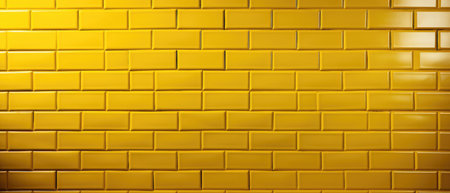 Yellow square brick subway tiles create a textured wall background in a wide banner panorama, Ai Generated.の素材