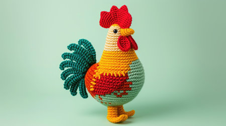 Vibrant handmade crochet rooster, perfect for kids and decor, Ai Generatedの素材