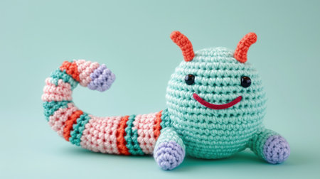 Vibrant handmade crochet worm, perfect for kids and decor, Ai Generatedの素材