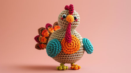 Vibrant handmade crochet turkey, perfect for kids and decor, Ai Generatedの素材