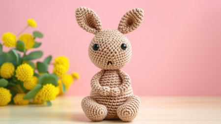 Vibrant handmade crochet kangaroo, perfect for kids and decor, Ai Generatedの素材