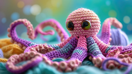 Vibrant handmade crochet octopus, perfect for kids and decor, Ai Generatedの素材