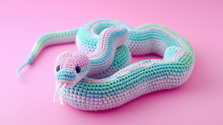 Vibrant handmade crochet snake, perfect for kids and decor, Ai Generatedの素材