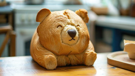Artisanal bear shaped bread loaf displayed on rustic tabletop, Ai Generatedの素材