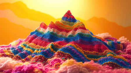 Vibrant handmade crochet mountain, perfect for kids and decor, Ai Generatedの素材