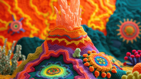 Vibrant handmade crochet vocano, perfect for kids and decor, Ai Generatedの素材