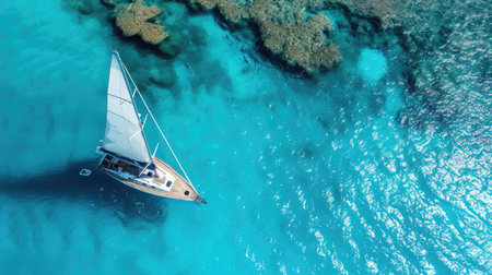 A sailboat gracefully glides across the clear blue water, an epitome of serenity and adventure. Ai Generated.の素材