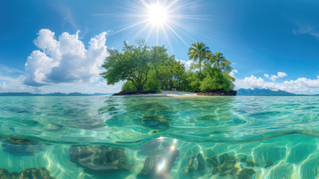 Step into paradise with a 360 spherical panorama of a tropical island, crystal-clear waters, and lush trees. Ai Generated.の素材