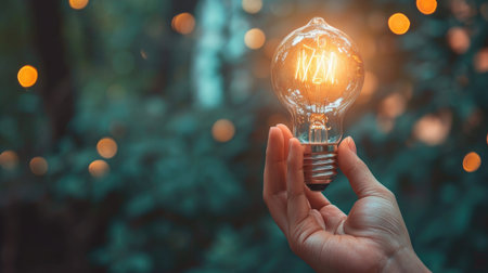 The emergence of a new idea depicted by a hand cradling a glowing bright light bulb, Ai Generatedの素材