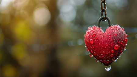 Water droplets on a red heart hanging from a chain, creating a captivating effect, Ai Generatedの素材