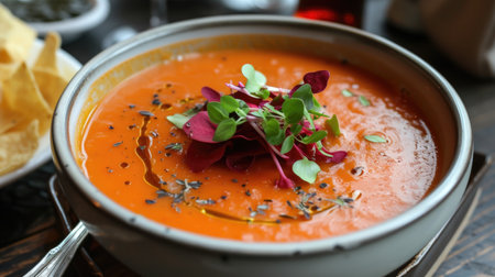 Delicious soup adorned with garnish, accompanied by crispy chips in a bowl, Ai Generatedの素材