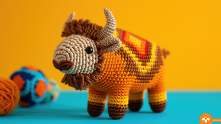 Vibrant handmade crochet bison, perfect for kids and decor, Ai Generatedの素材
