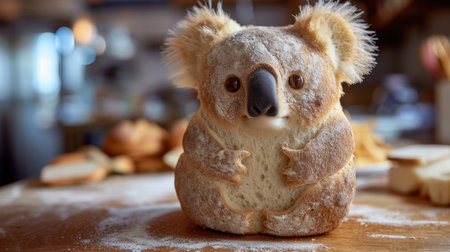 Artisanal koala shaped bread loaf displayed on rustic tabletop, Ai Generatedの素材