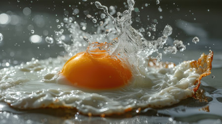 Close-up of a fried egg getting a splash of water and zesty orange juice, Ai Generatedの素材
