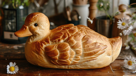 Artisanal duck shaped bread loaf displayed on rustic tabletop, Ai Generatedの素材