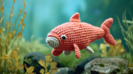 Vibrant handmade crochet salmon, perfect for kids and decor, Ai Generatedの素材