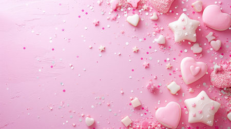 A pink background adorned with hearts, stars, and room for messages, Ai Generated.の素材