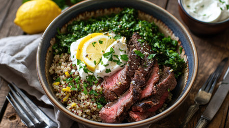 Nutrient-packed bowl featuring quinoa, lemon, herbs, sour cream, and a succulent steak, Ai Generated.の素材