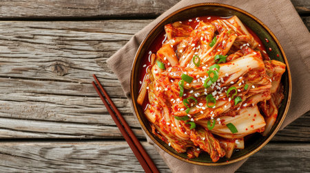 kimchi cabbage in a bowl on a wooden background, a Korean classic, Ai Generated.の素材