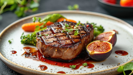 Plate showcasing a flavorful steak complemented by figs and a tantalizing sauce, Ai Generated.の素材