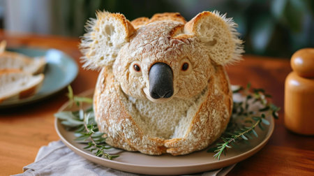 Artisanal koala shaped bread loaf displayed on rustic tabletop, Ai Generatedの素材
