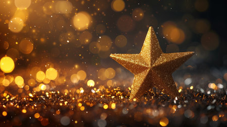 Golden Christmas star sparkles against a bokeh black backdrop, festive radiance, Ai Generated.の素材