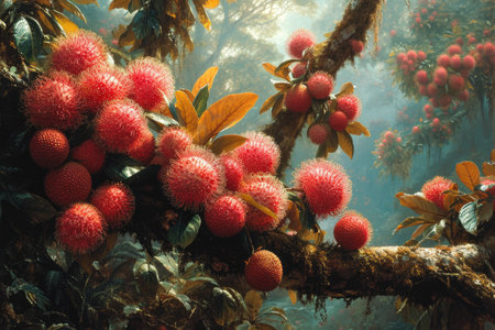 Vibrant rambutan tree, bearing exotic clusters, a tropical delight in nature's gallery, Ai Generated.の素材