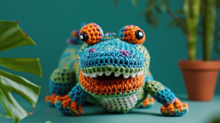 Vibrant handmade crochet crocodile, perfect for kids and decor, Ai Generatedの素材