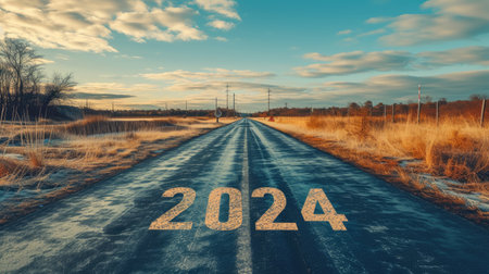 Welcome 2024 with a road trip, travel adventures, and a forward-looking vision, Ai Generated.の素材