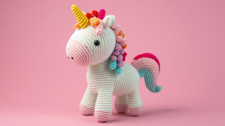 Vibrant handmade crochet unicorn, perfect for kids and decor, Ai Generatedの素材